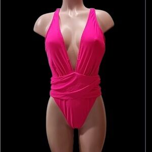 Cupshe Sexy Deep V One Piece Swimsuit,Bathing-suit, Hot Pink, Large,Cheeky NWT